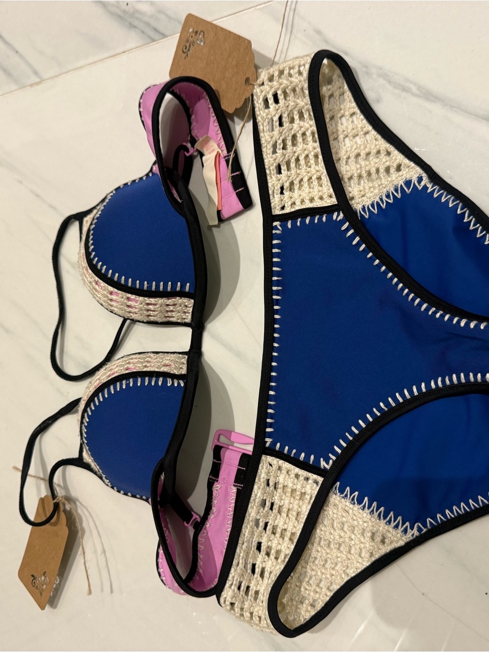 Victoria's Secret Blue Bikini Top with Cream Crochet and Black Trim 32C / M